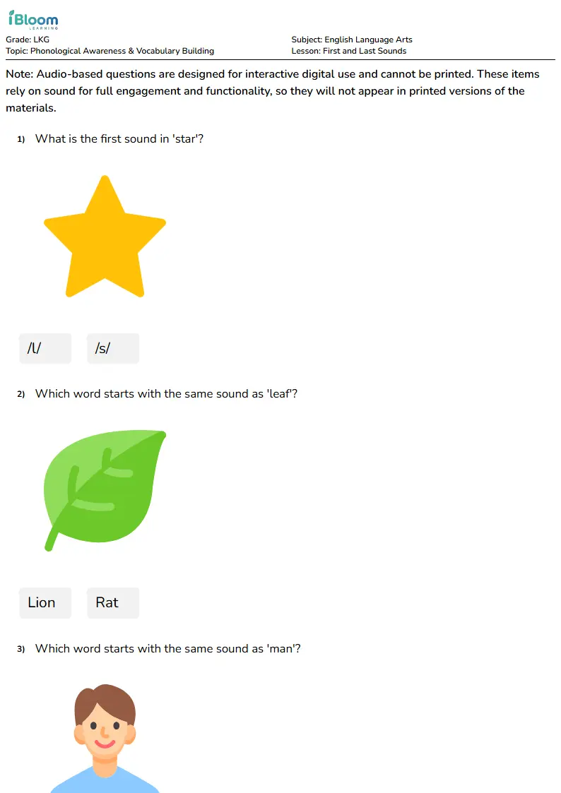 Free First and Last Sounds Worksheets for Lkg | iBloom