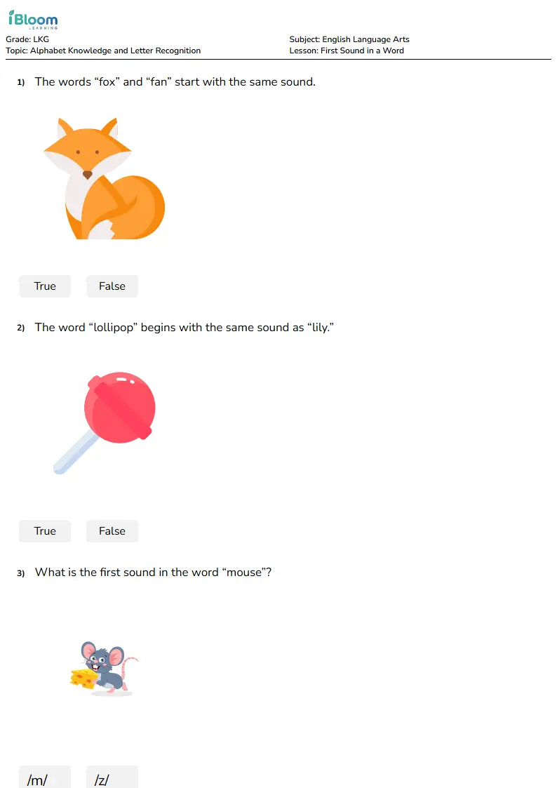 Free First Sound in a Word Worksheets for Lkg | iBloom