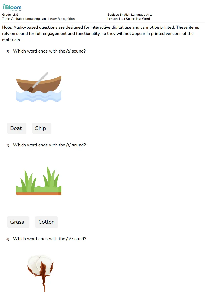 Free Last Sound in a Word Worksheets for Lkg | iBloom