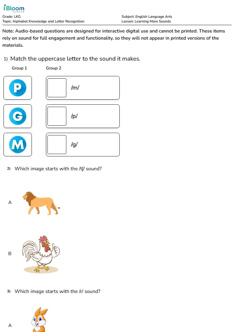 Free Learning More Sounds Worksheets for Lkg | iBloom