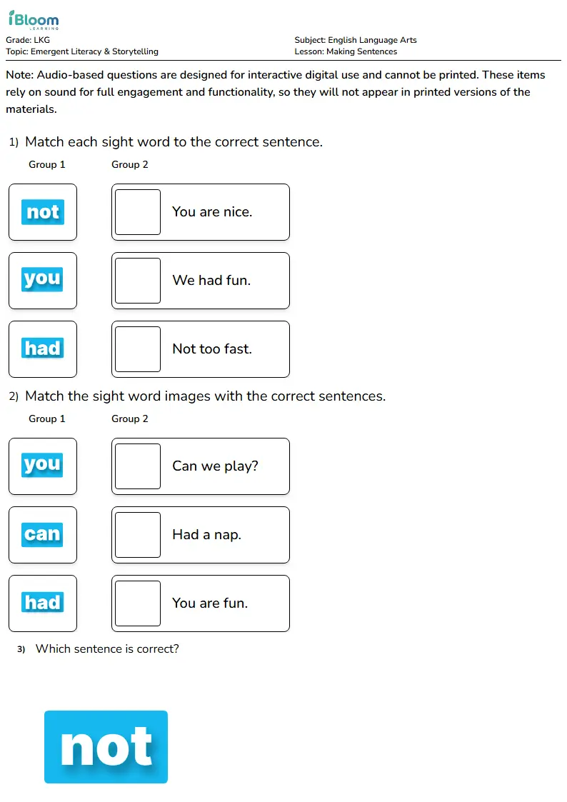 Free Making Sentences Worksheets for Lkg | iBloom