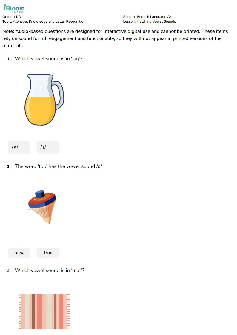 Free Matching Vowel Sounds Worksheets for Lkg | iBloom