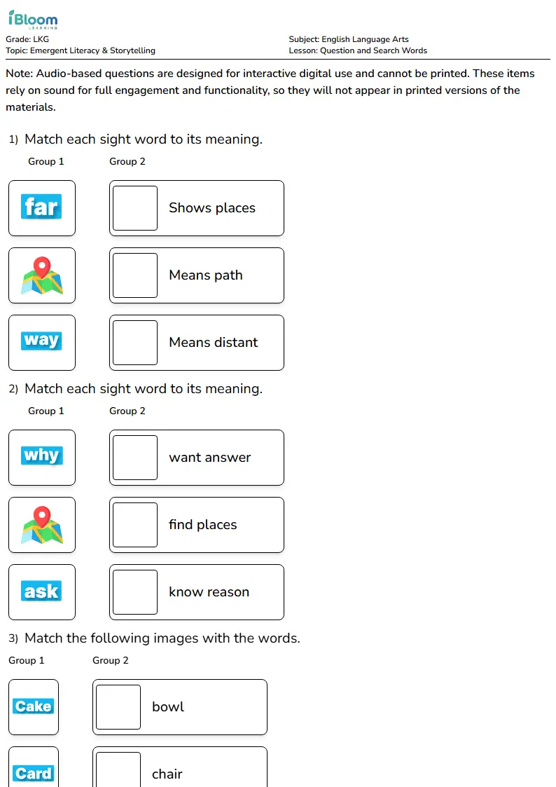 Free Question and Search Words Worksheets for Lkg | iBloom