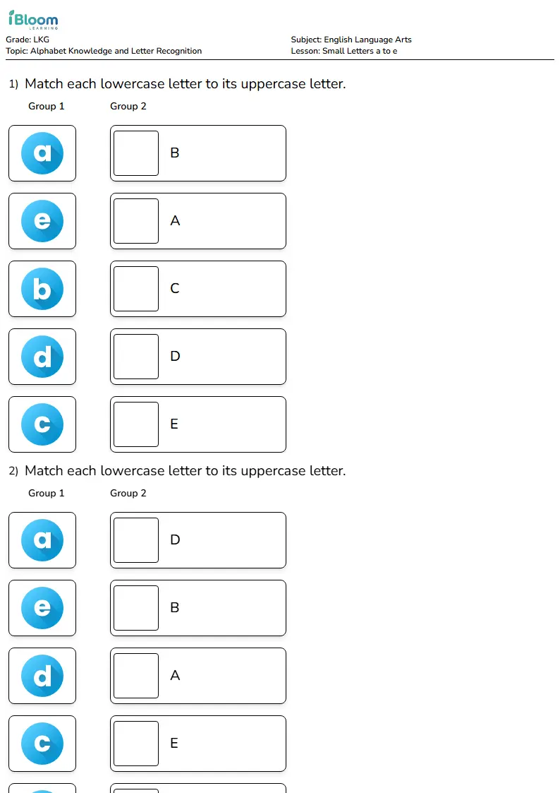 Small Letters a to e Worksheet for LKG