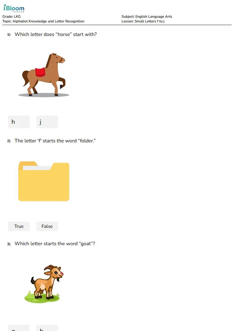 Free Small Letters f to j Worksheets for Lkg | iBloom