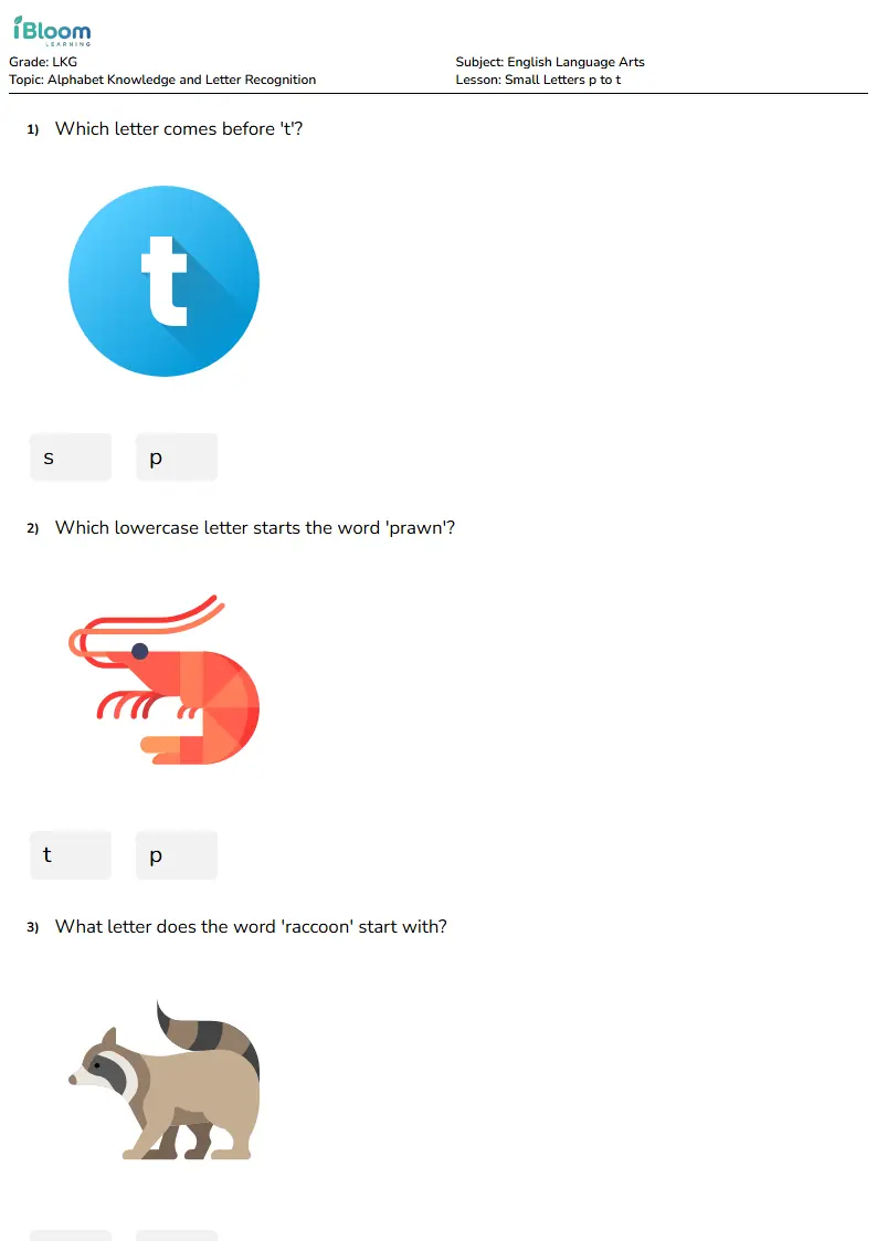 Free Small Letters p to t Worksheets for Lkg | iBloom