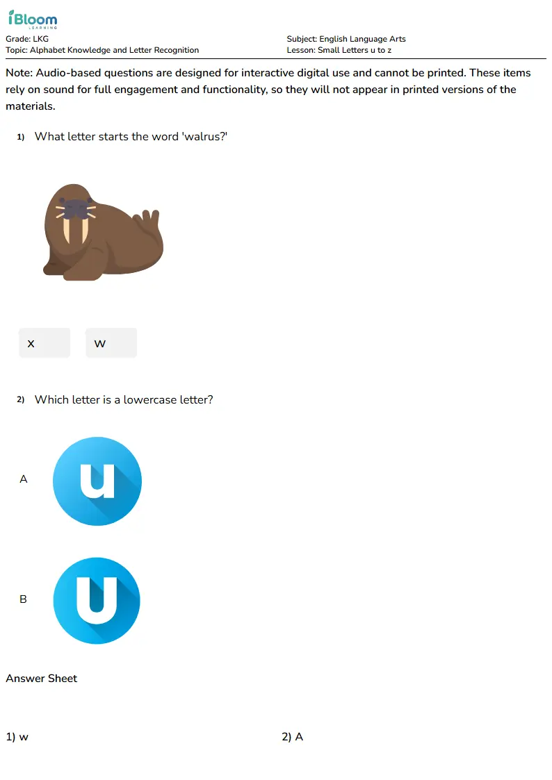 Free Small Letters u to z Worksheets for Lkg | iBloom