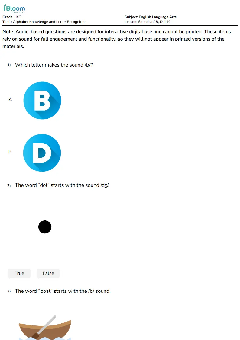 Free Sounds of b, d, j, k Worksheets for Lkg | iBloom