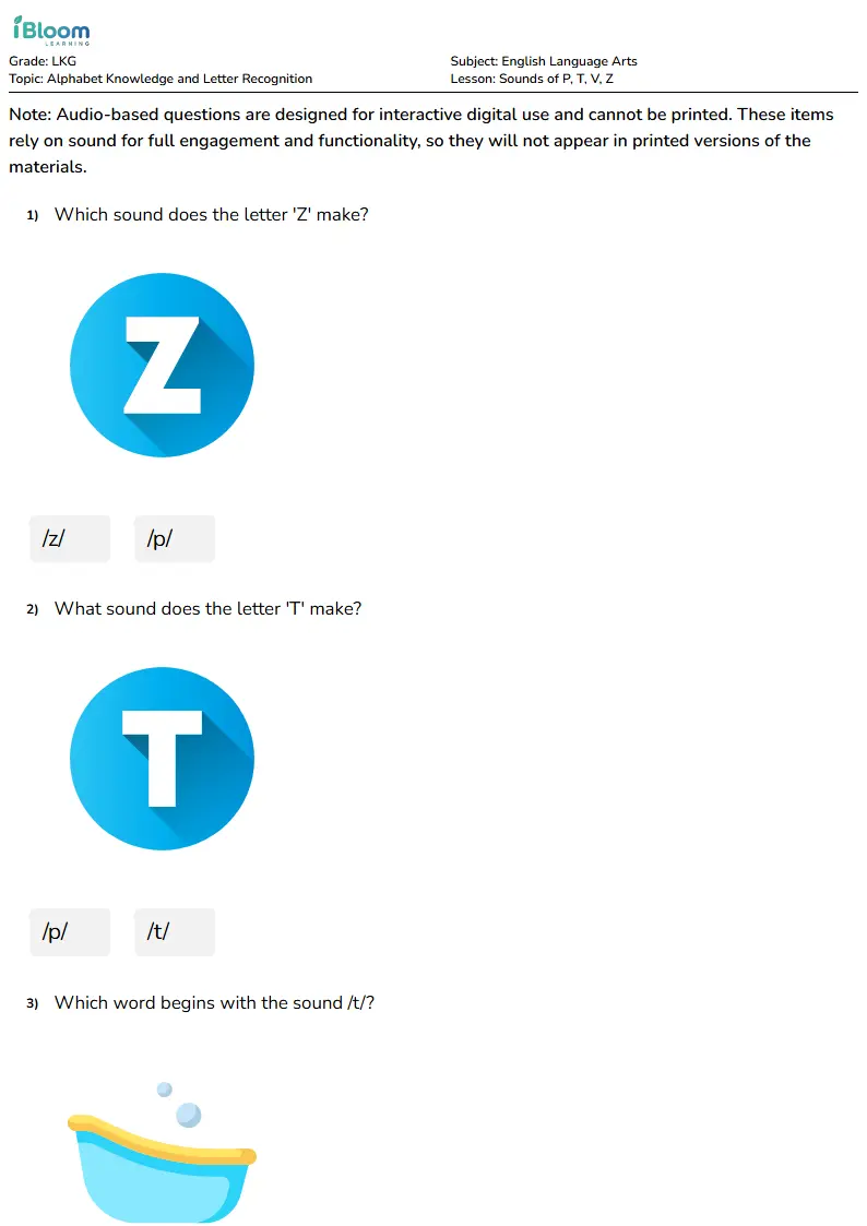 Free Sounds of p, t, v, z Worksheets for Lkg | iBloom