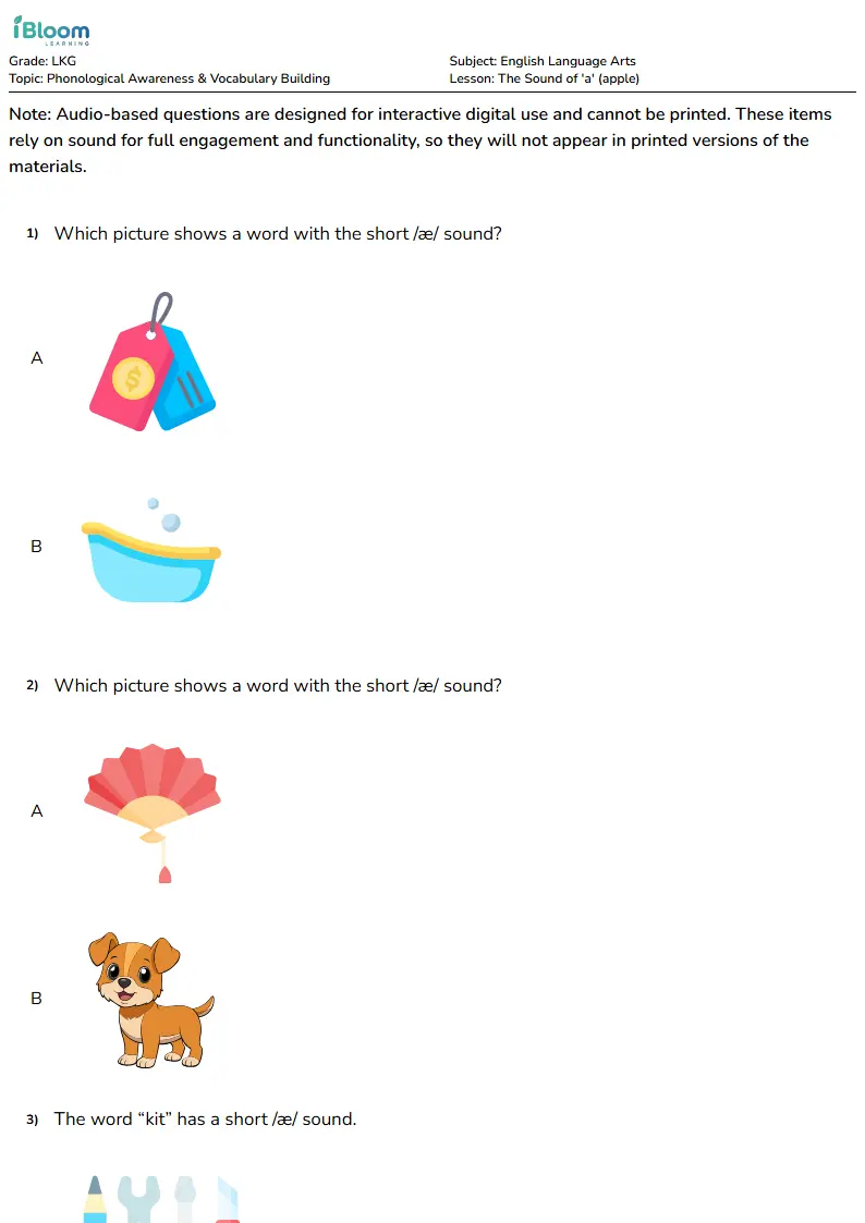 Free The Sound of 'a' (apple) Worksheets for Lkg | iBloom