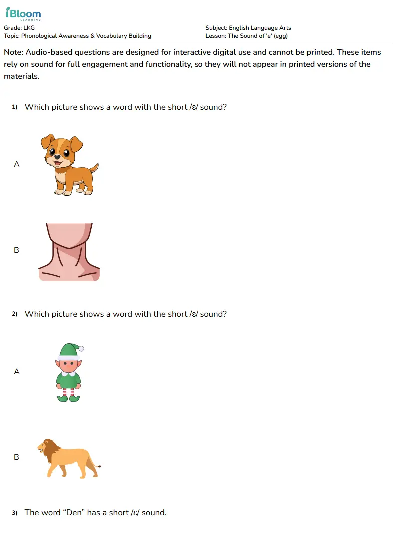Free The Sound of 'e' (egg) Worksheets for Lkg | iBloom