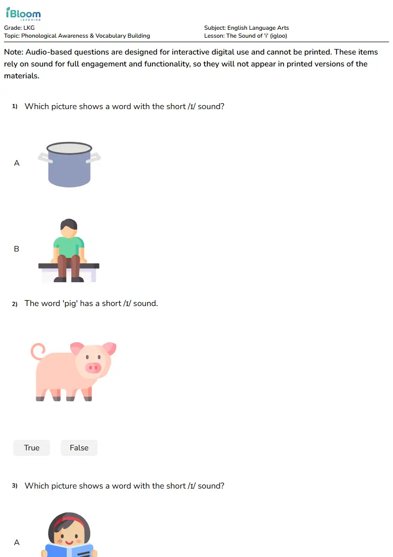 Free The Sound of 'i' (igloo) Worksheets for Lkg | iBloom