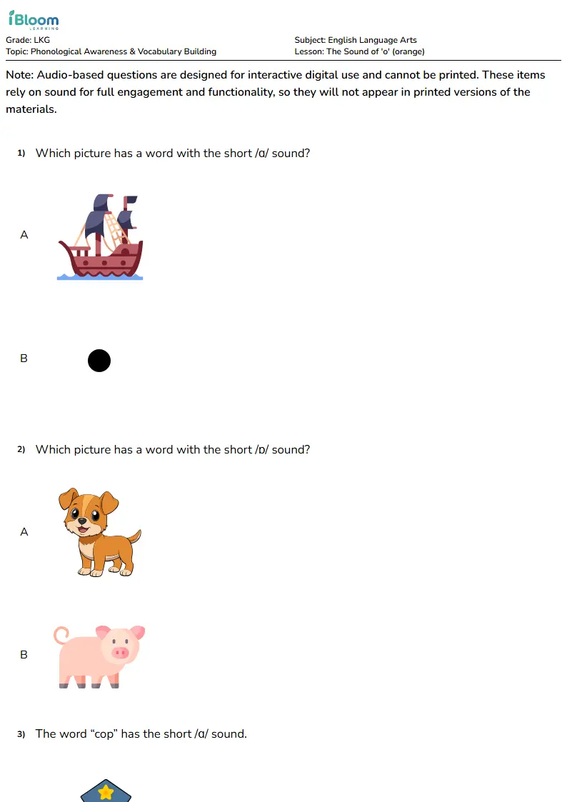 Free The Sound of 'o' (orange) Worksheets for Lkg | iBloom