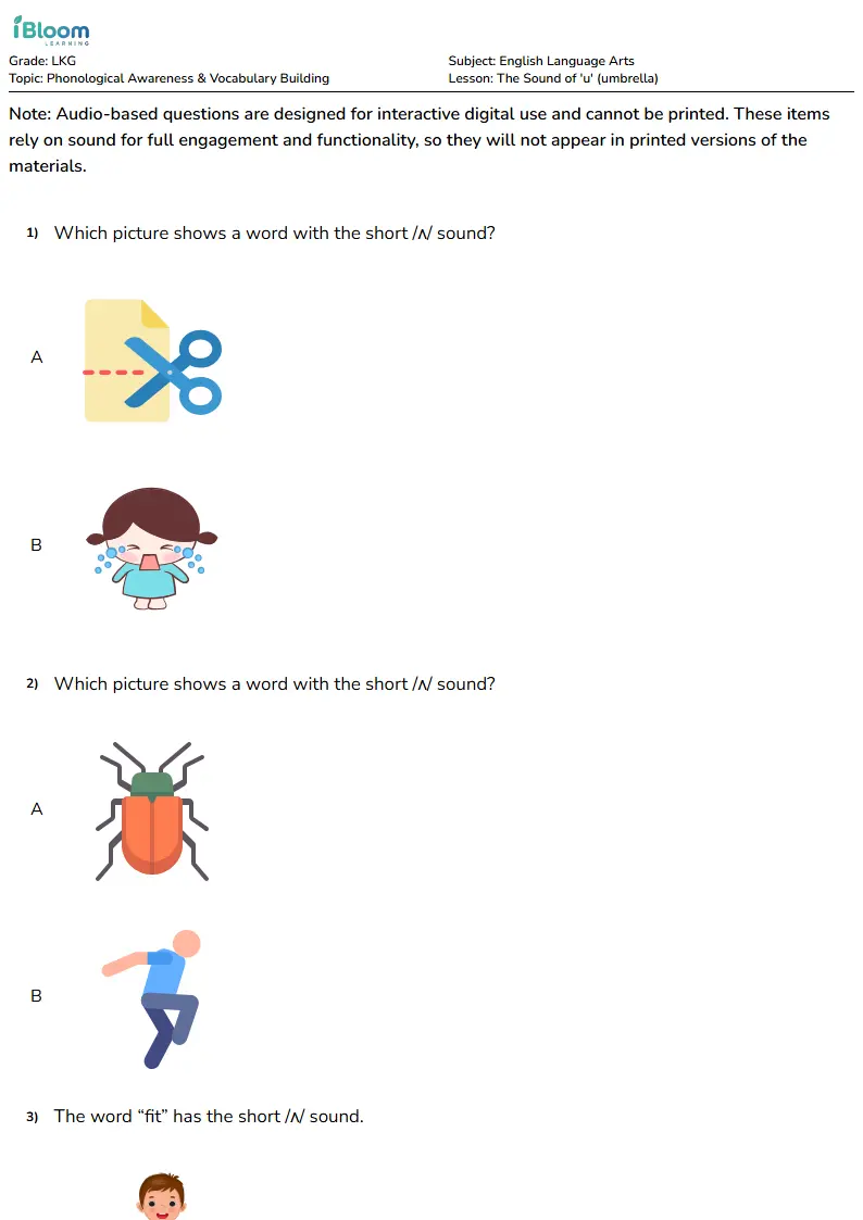 Free The Sound of 'u' (umbrella) Worksheets for Lkg | iBloom