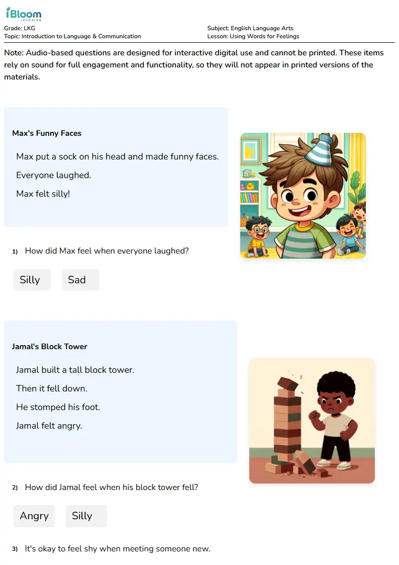 Free Using Words for Feelings Worksheets for Lkg | iBloom