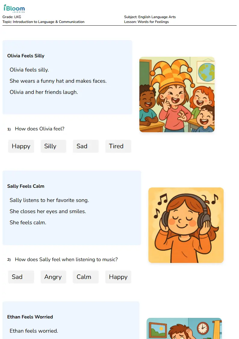 Feelings Worksheet for LKG: Name Emotions