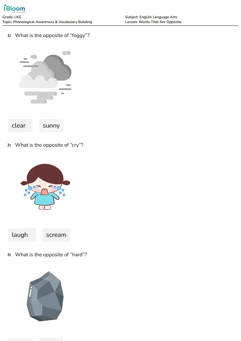 Free Words That Are Opposite Worksheets for Lkg | iBloom