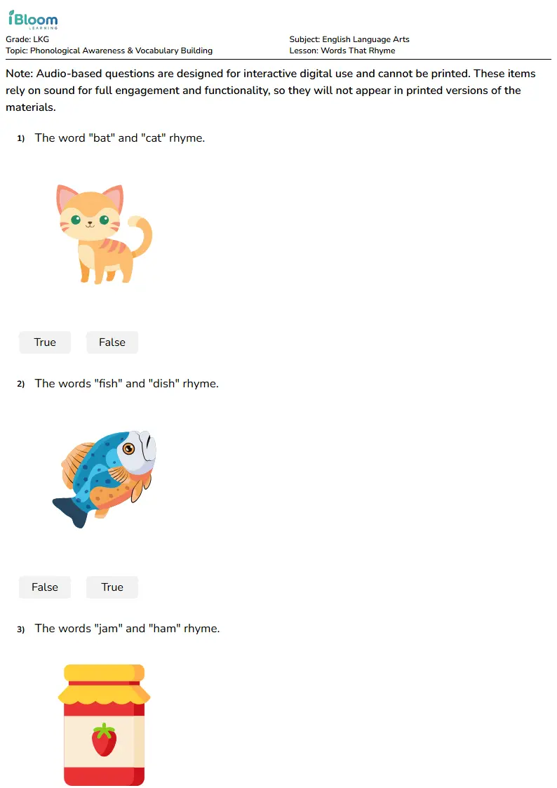 Free Words That Rhyme Worksheets for Lkg | iBloom