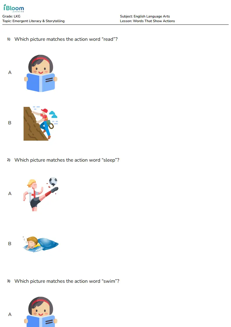 Free Words That Show Actions Worksheets for Lkg | iBloom