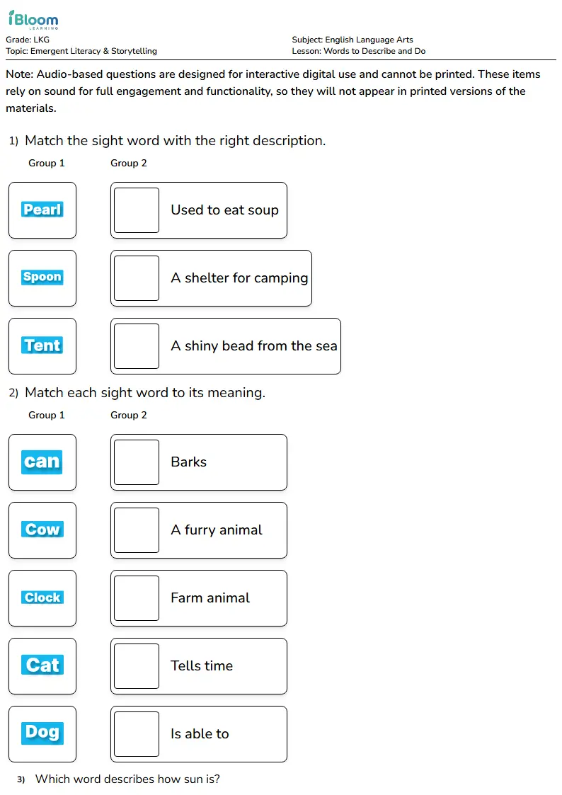 Free Words to Describe and Do Worksheets for Lkg | iBloom