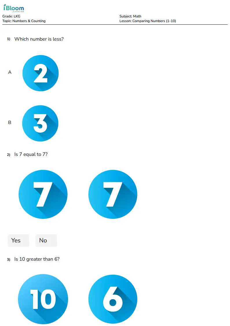 Free Comparing Numbers (1-10) Worksheets for Lkg