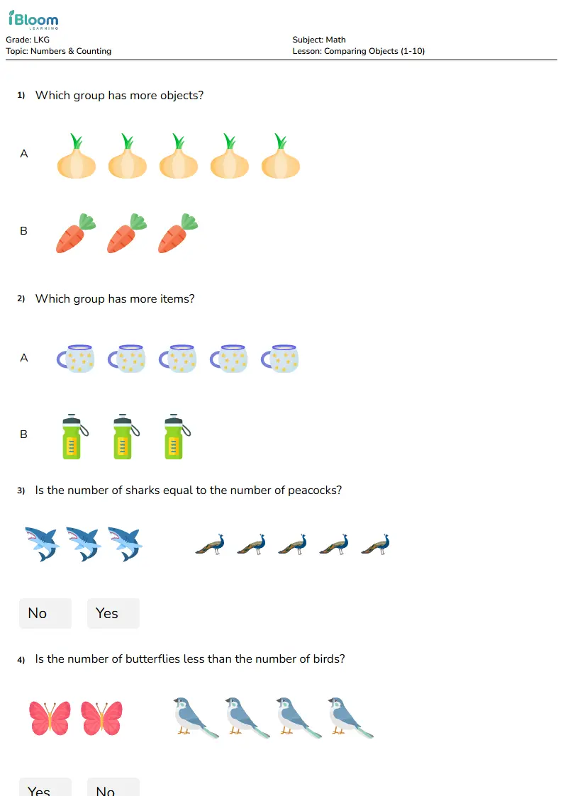 Comparing Objects 1-10 Worksheet for LKG