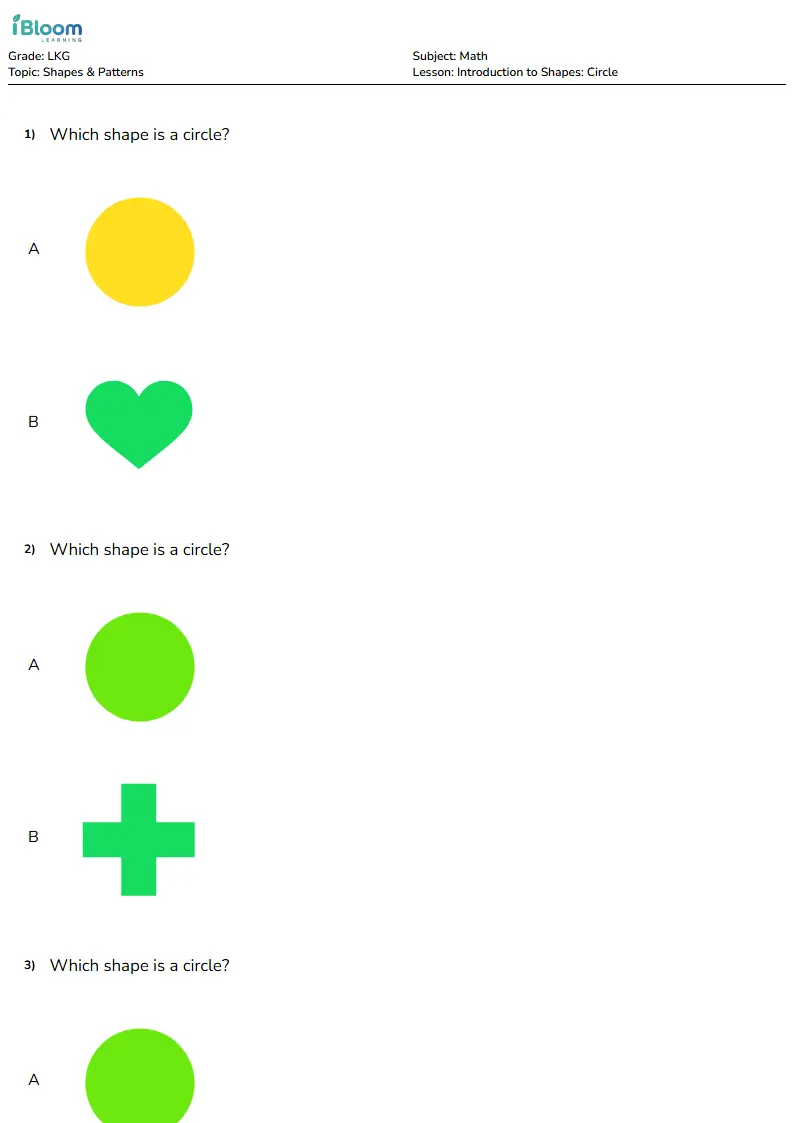 Circle Shape Recognition Worksheet for LKG