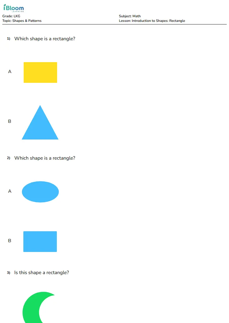 Free Introduction to Shapes: Rectangle Worksheets for Lkg