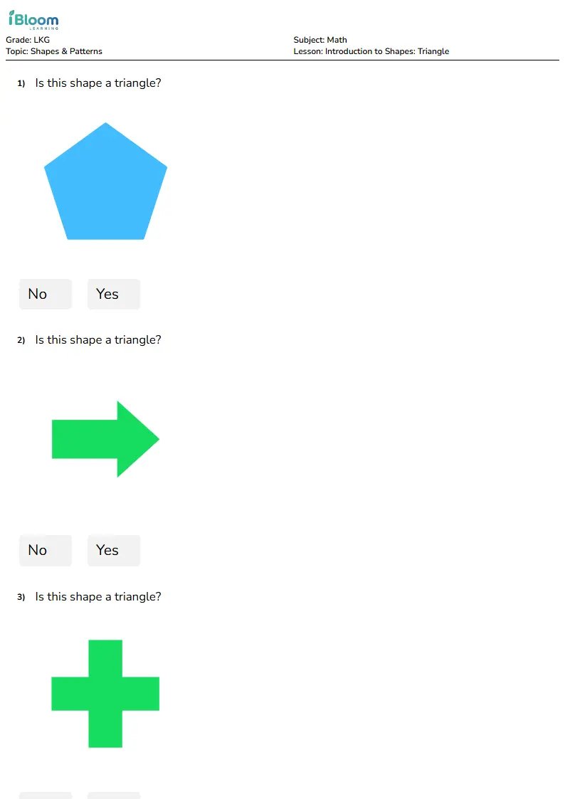 Free Introduction to Shapes: Triangle Worksheets for Lkg