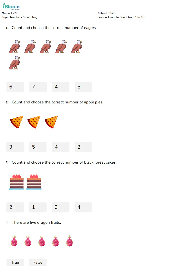 Free Learn to Count from 1 to 10 Worksheets for Lkg