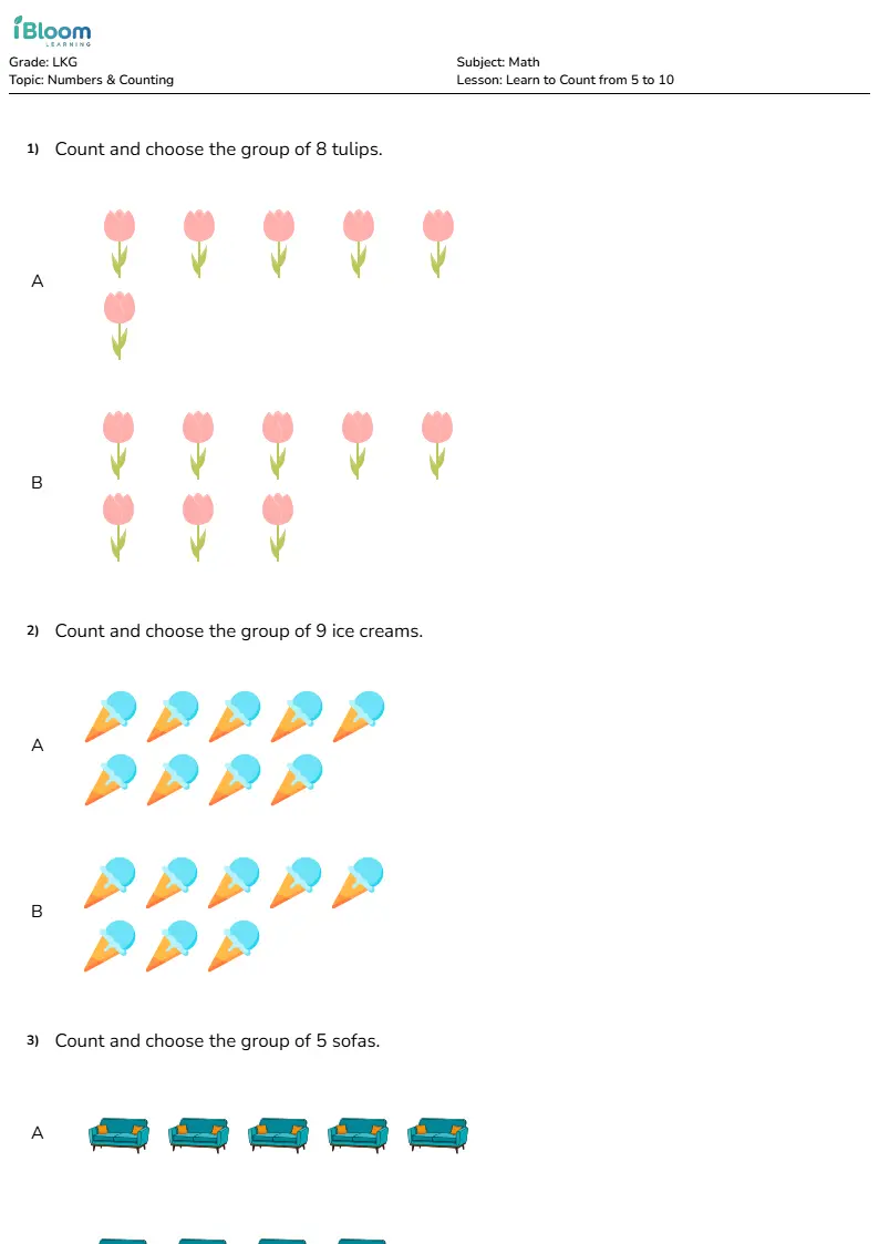 Free Learn to Count from 5 to 10 Worksheets for Lkg