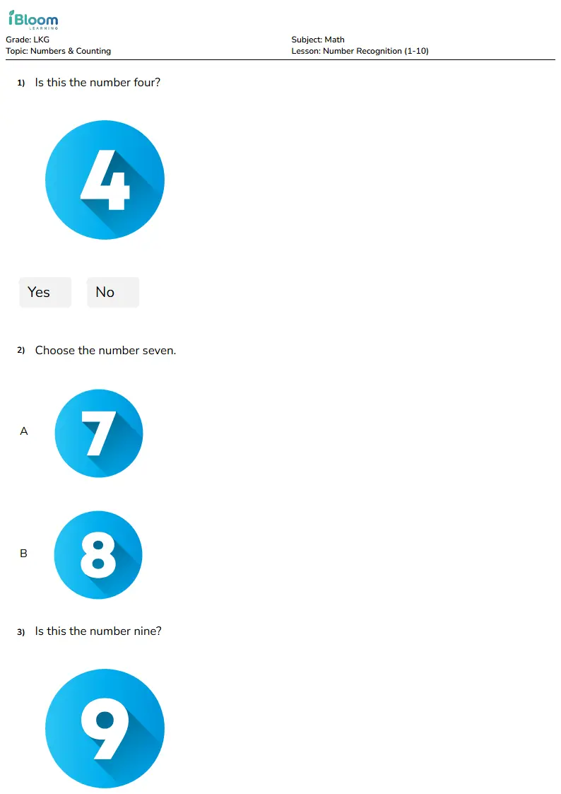 Free Number Recognition (1-10) Worksheets for Lkg
