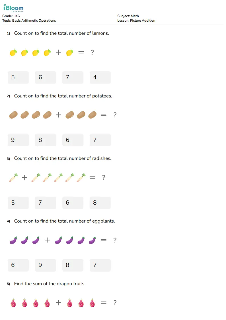 Free Picture Addition Worksheets for Lkg