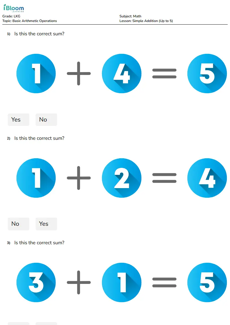 Simple Addition to 5 for LKG | Practice Worksheet
