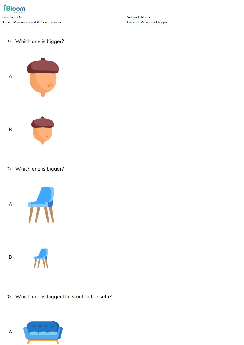 Free Which is Bigger. Worksheets for Lkg