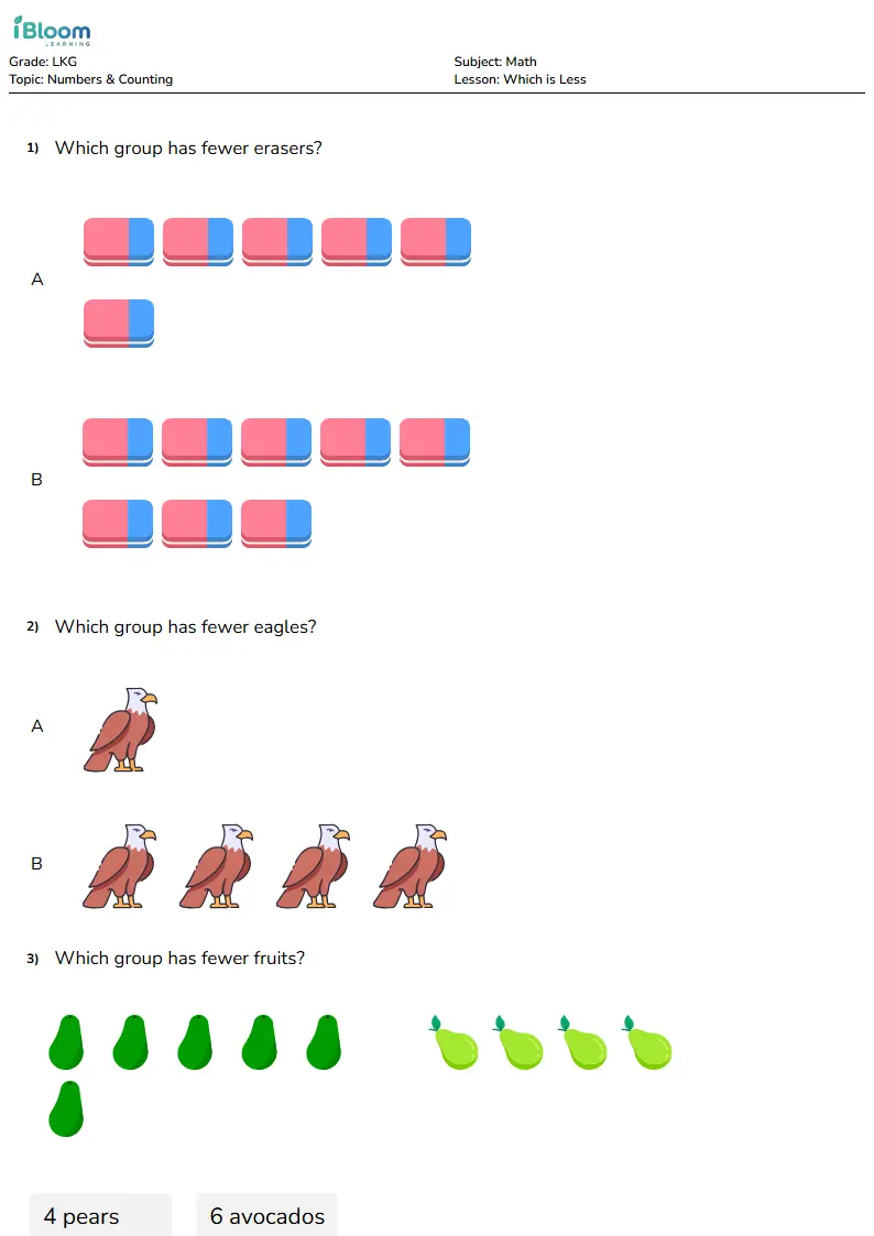 Free Which is Less Worksheets for Lkg | iBloom
