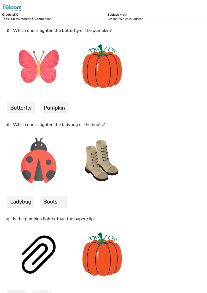 Free Which is Lighter Worksheets for Lkg | iBloom