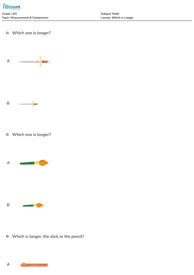 Free Which is Longer Worksheets for Lkg | iBloom