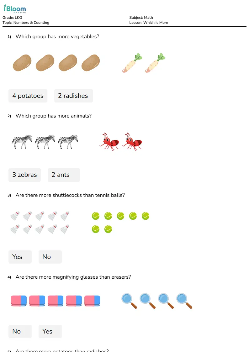 Free Which is More Worksheets for Lkg | iBloom