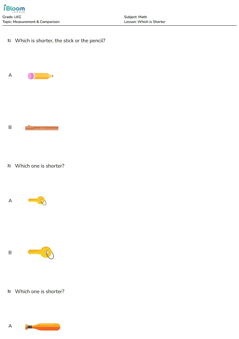 Free Which is Shorter Worksheets for Lkg | iBloom