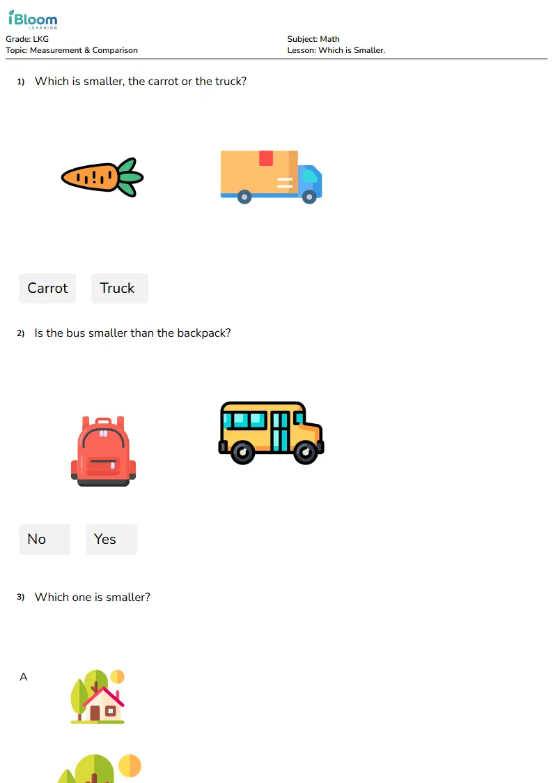 Free Which is Smaller. Worksheets for Lkg | iBloom