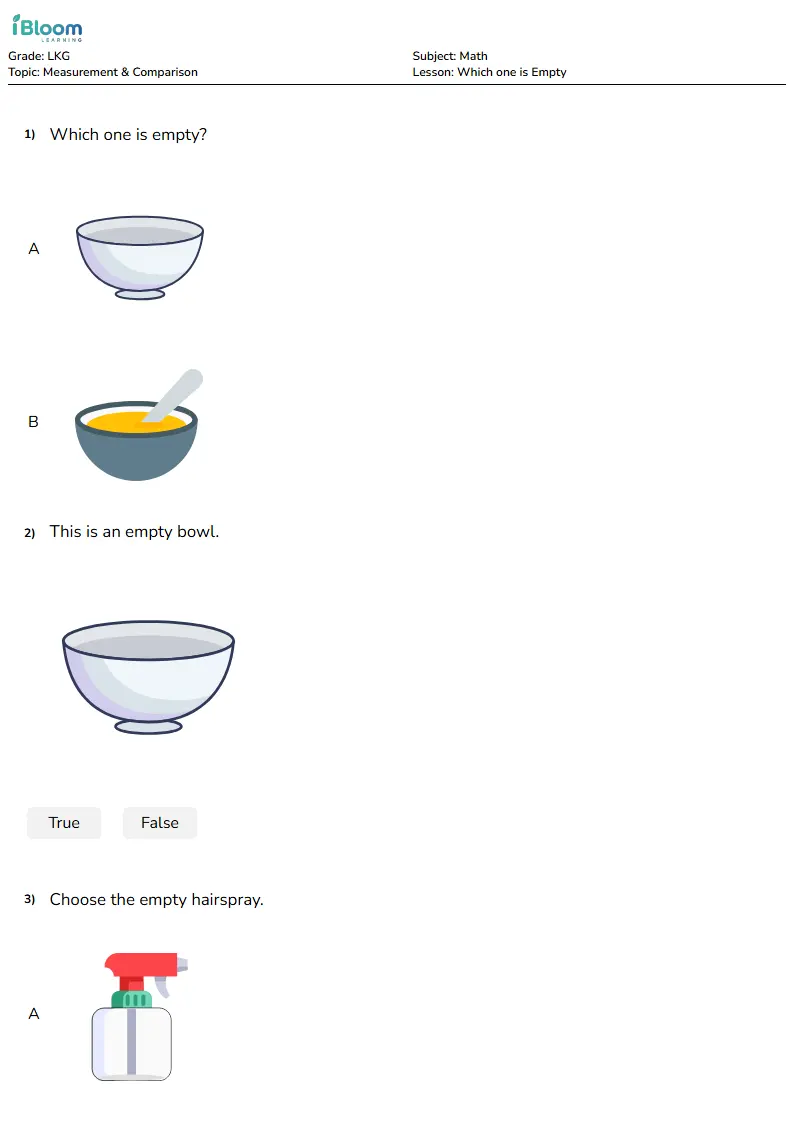 Free Which one is Empty Worksheets for Lkg | iBloom