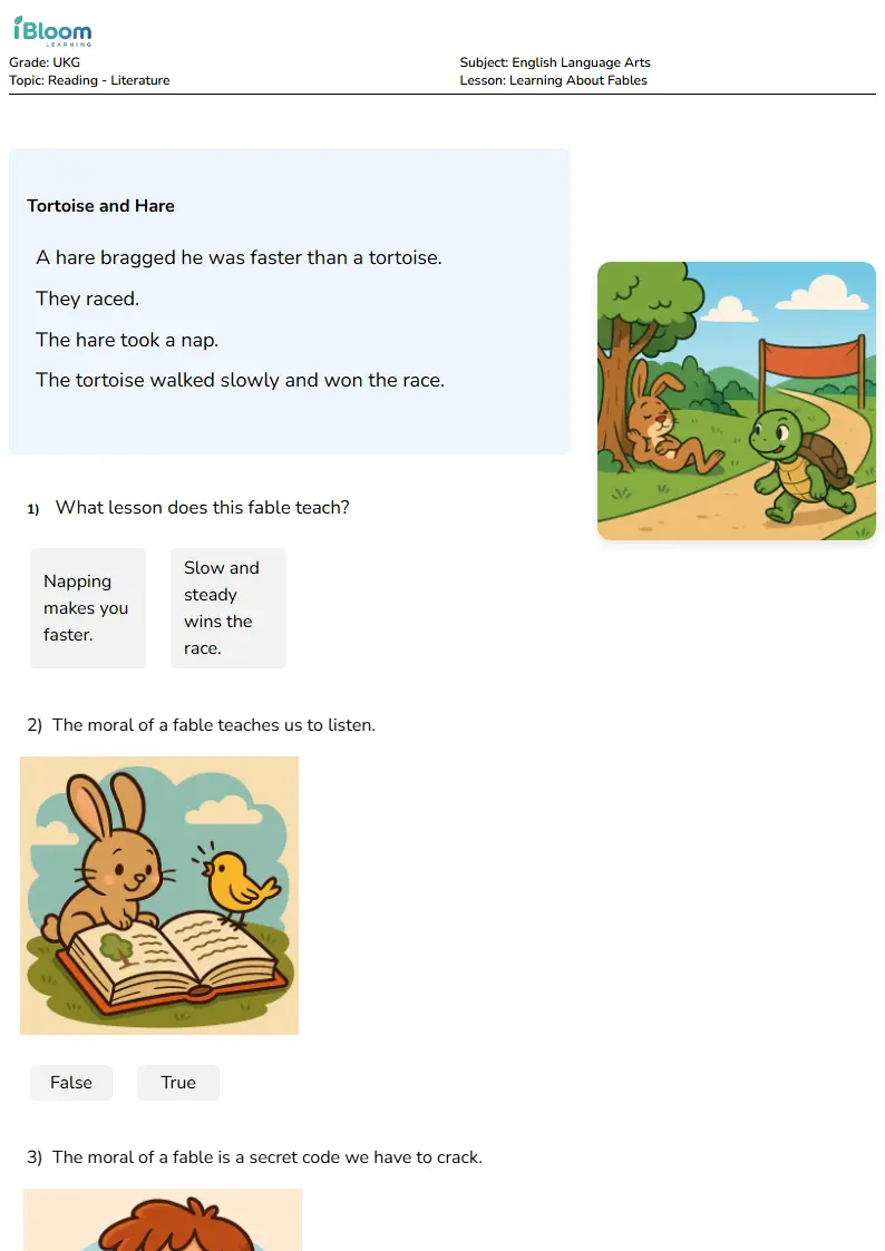 Free Learning About Fables Worksheets for Ukg | iBloom