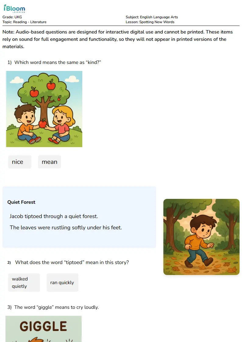 Spotting New Words Worksheet for UKG