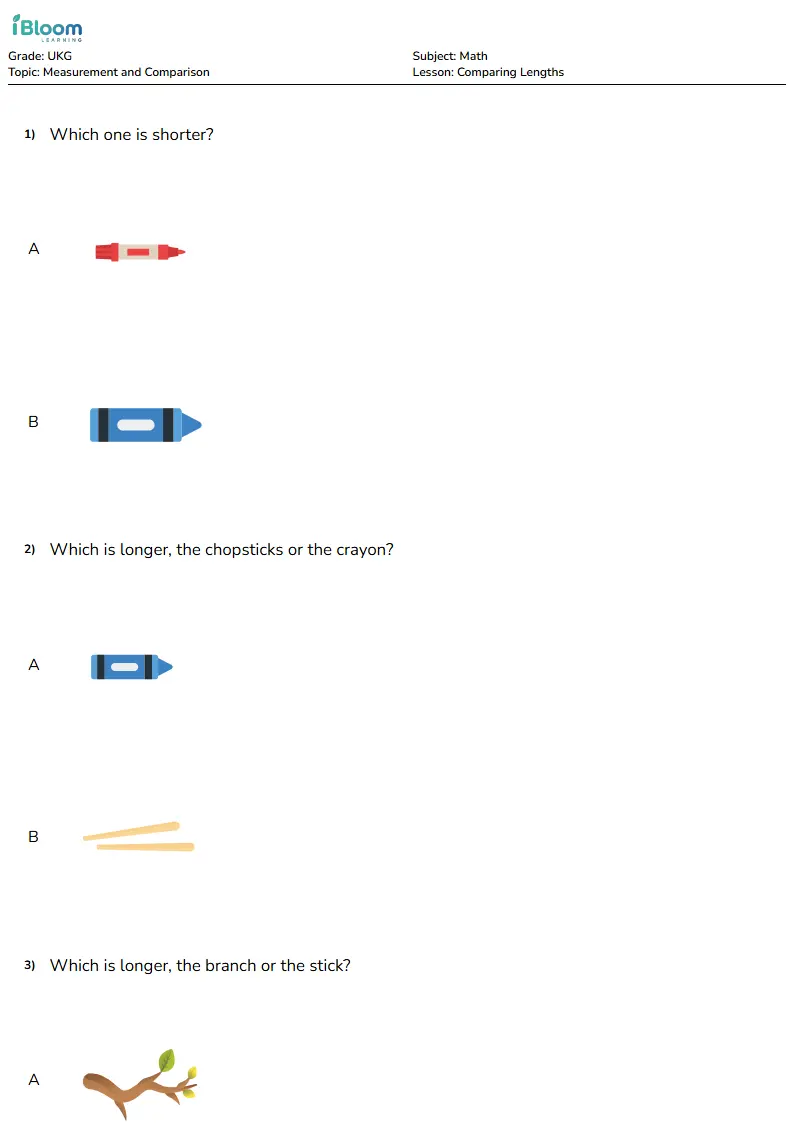 Comparing Lengths Worksheet for UKG