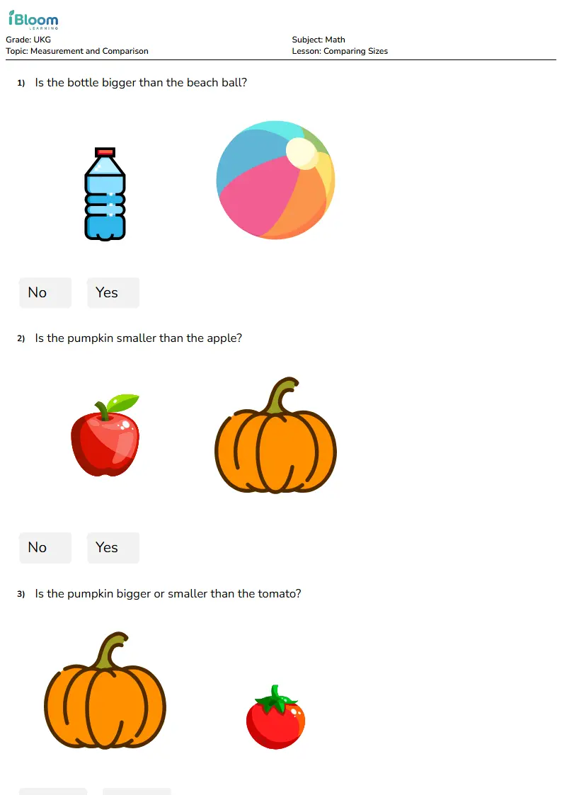 Free Comparing Sizes Worksheets for Ukg | iBloom