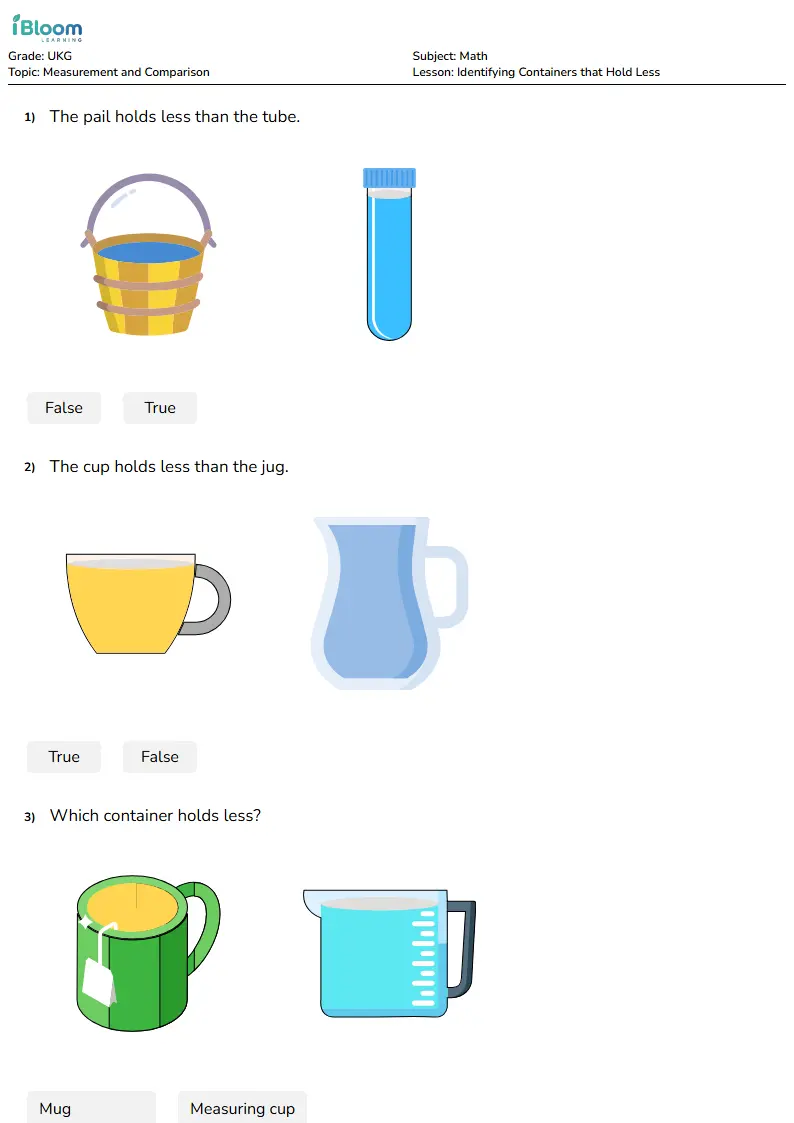Free Identifying Containers that Hold Less Worksheets for Ukg | iBloom