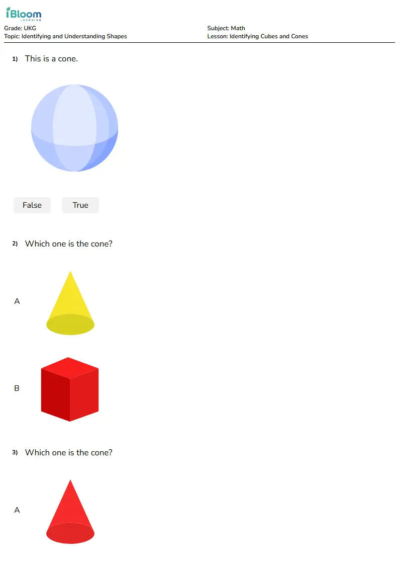 Free Identifying Cubes and Cones Worksheets for Ukg | iBloom