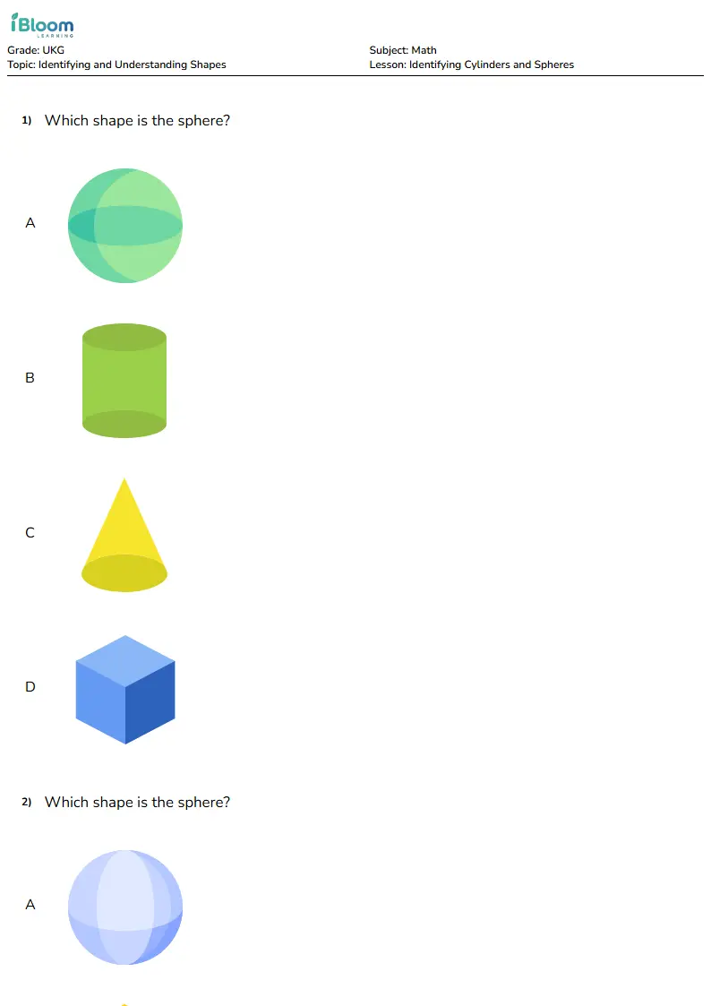 Free Identifying Cylinders and Spheres Worksheets for Ukg | iBloom
