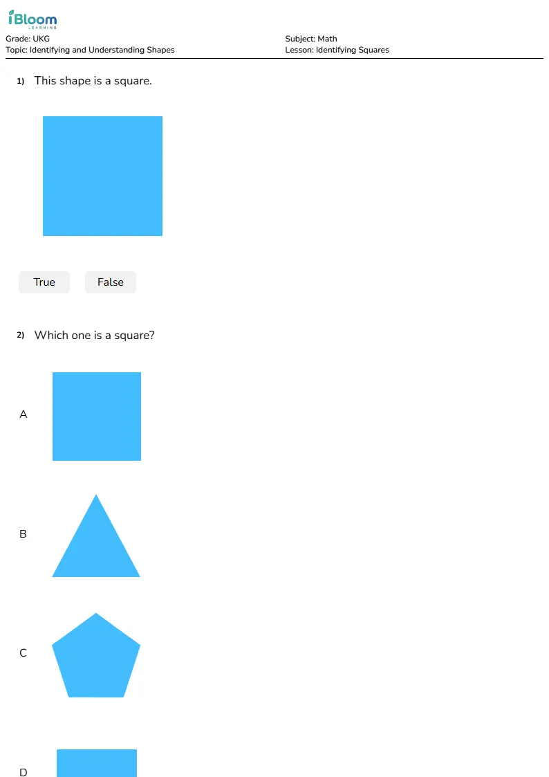 Free Identifying Squares Worksheets for Ukg | iBloom